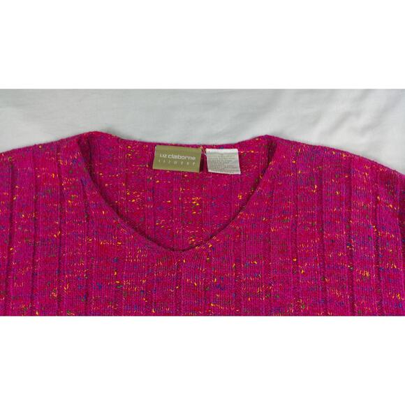 Y2k -Liz Claiborne Womens Ribbed Knit V Neck Long Sleeve Top Pink Sweater - Picture 3 of 8
